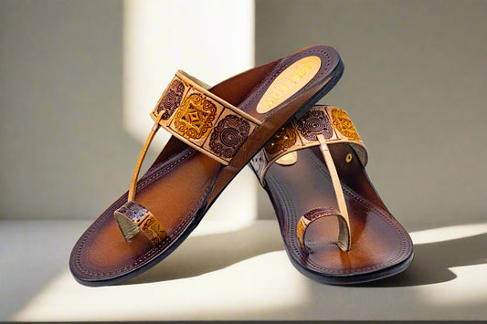 Sunburst Engraved Kolhapuri Flats – Dual Tone Pure Leather