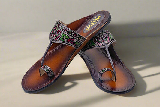 Floral Engraved Multicolor Kolhapuri Flats – Handcrafted Pure Leather