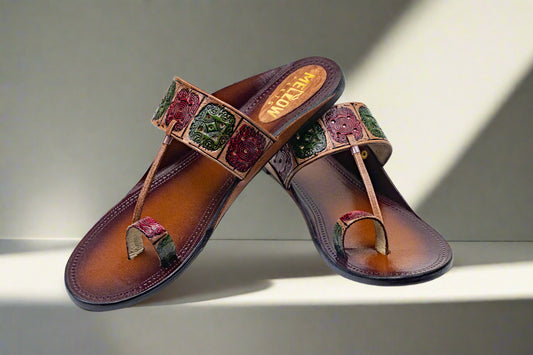 Ethnic Handcrafted Kolhapuri Flats – Multicolor Thread Embossed Leather