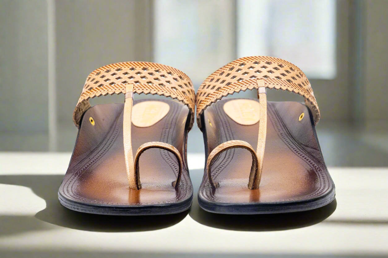 Handwoven Pattern Pure Leather Kolhapuri Flats – Classic Brown