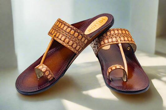 Classic Handcrafted Pure Leather Kolhapuri Flats – Camel Embossed Pattern