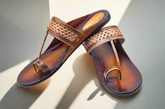 Handwoven Pattern Pure Leather Kolhapuri Flats – Classic Brown