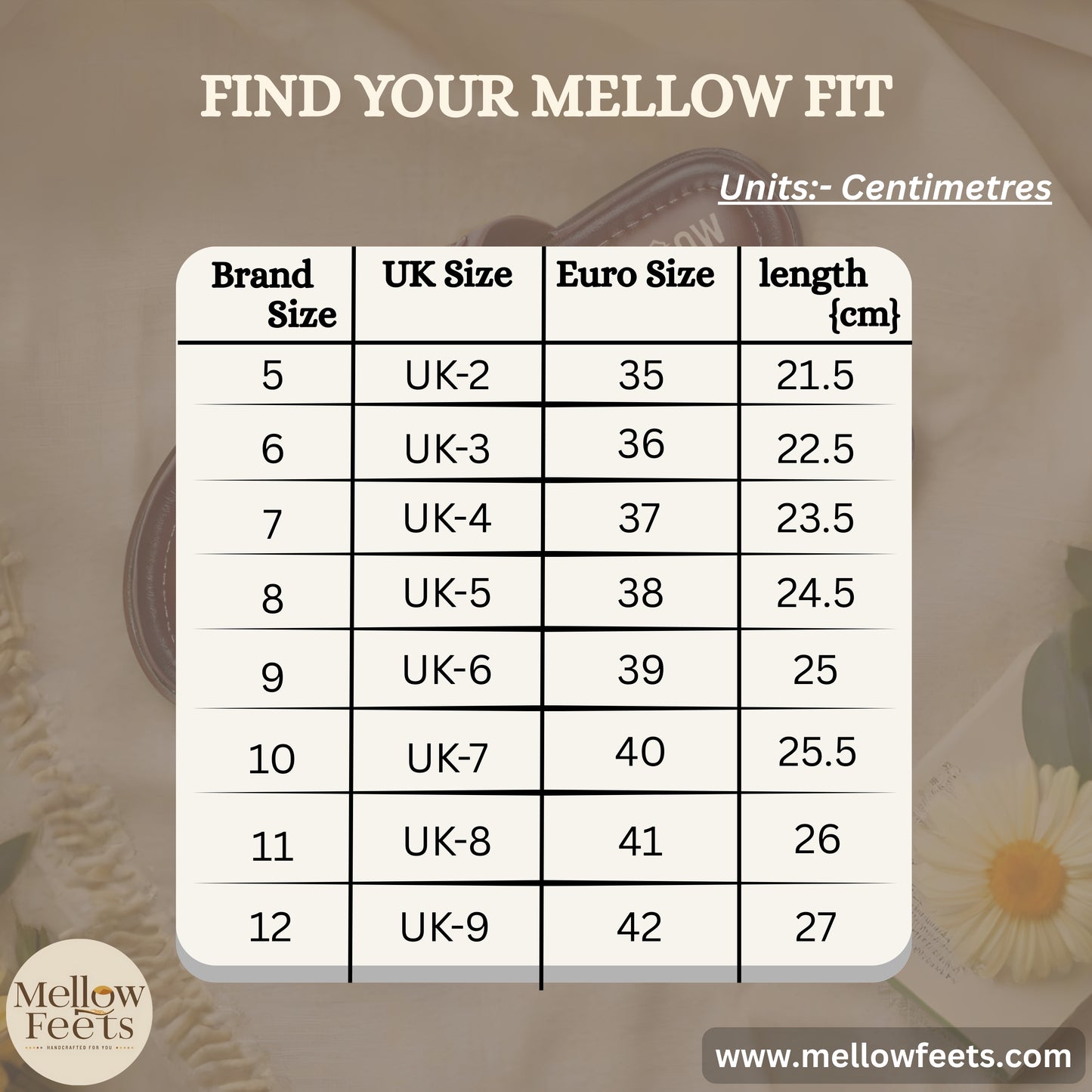 Size chart for shoes with UK, Euro, and length measurements on a beige background.