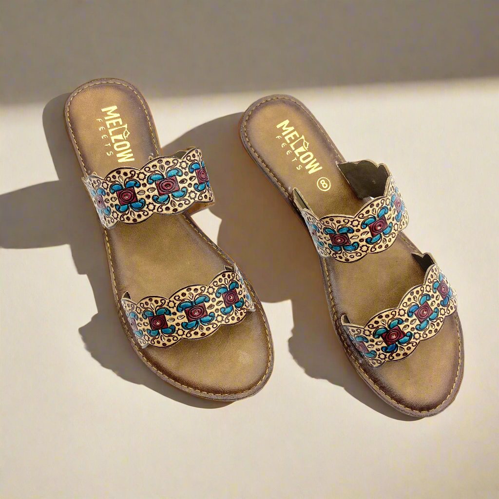 Mellow Feets handcrafted women's flats with double embroidered straps in red and blue
