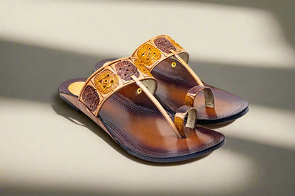 Sunburst Engraved Kolhapuri Flats – Dual Tone Pure Leather