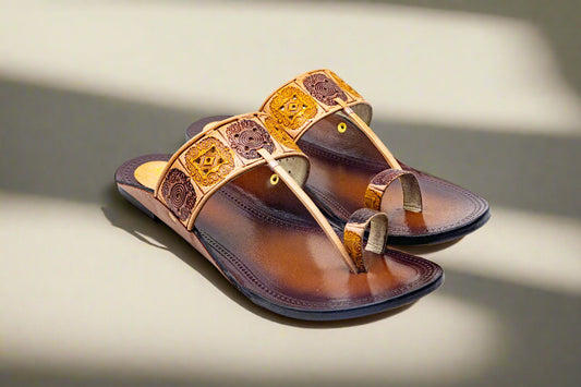 Sunburst Engraved Kolhapuri Flats – Dual Tone Pure Leather