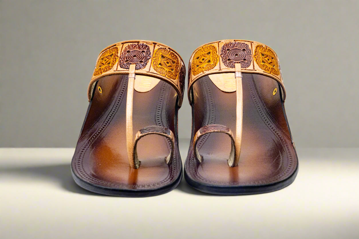 Sunburst Engraved Kolhapuri Flats – Dual Tone Pure Leather