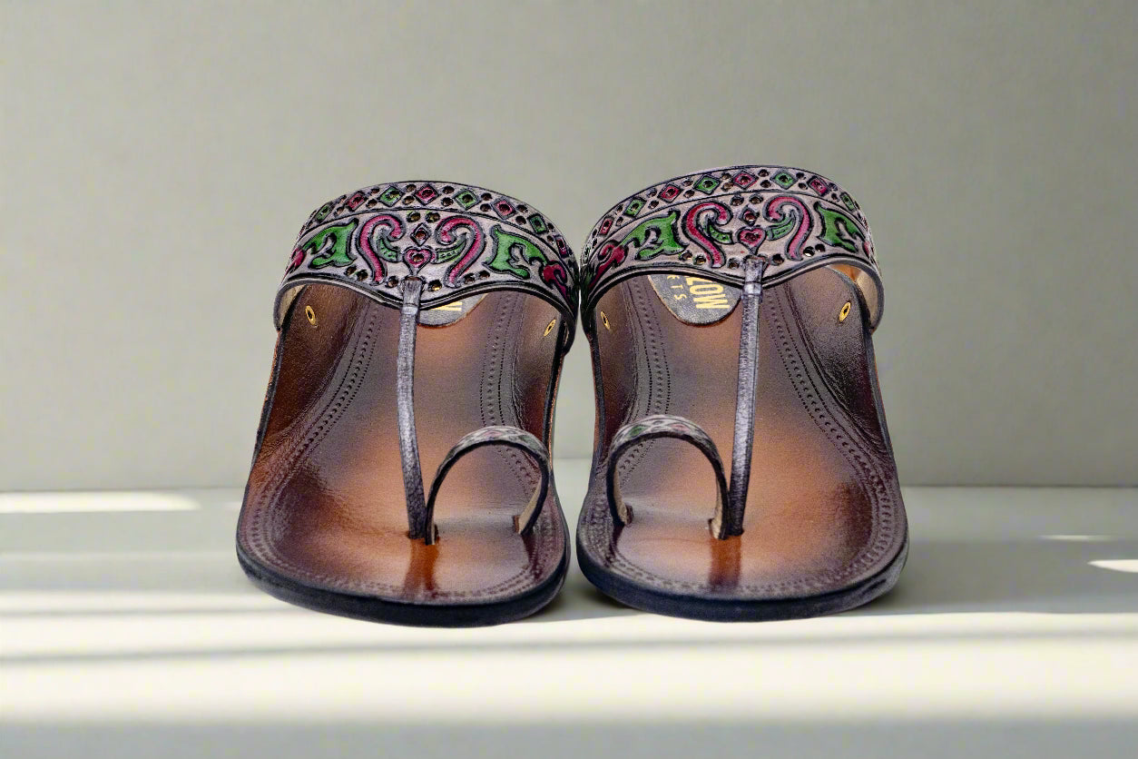 Floral Engraved Multicolor Kolhapuri Flats – Handcrafted Pure Leather