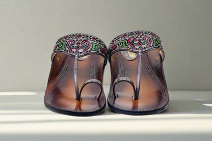 Floral Engraved Multicolor Kolhapuri Flats – Handcrafted Pure Leather