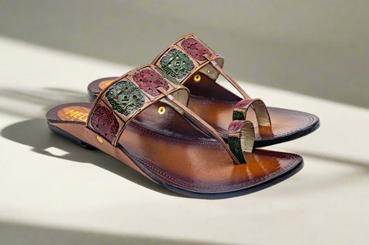 Ethnic Handcrafted Kolhapuri Flats – Multicolor Thread Embossed Leather