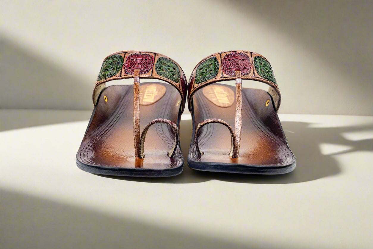 Ethnic Handcrafted Kolhapuri Flats – Multicolor Thread Embossed Leather