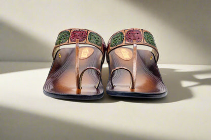Ethnic Handcrafted Kolhapuri Flats – Multicolor Thread Embossed Leather