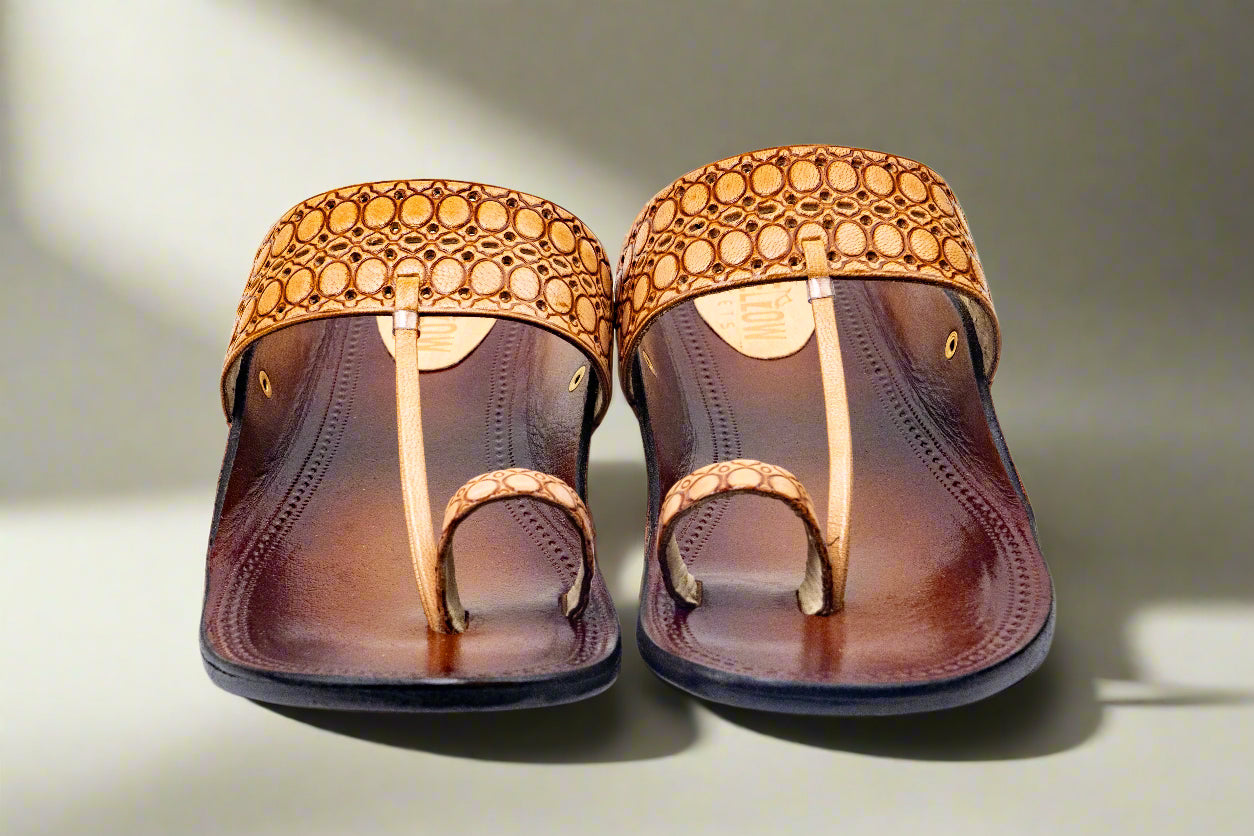 Classic Handcrafted Pure Leather Kolhapuri Flats – Camel Embossed Pattern