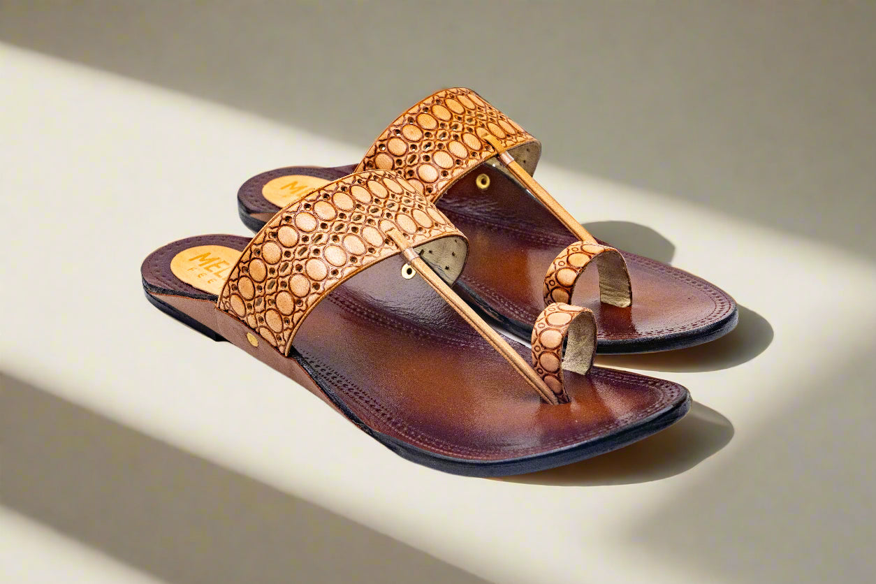 Classic Handcrafted Pure Leather Kolhapuri Flats – Camel Embossed Pattern