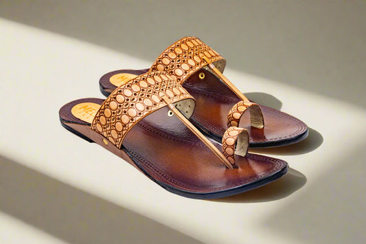 Classic Handcrafted Pure Leather Kolhapuri Flats – Camel Embossed Pattern