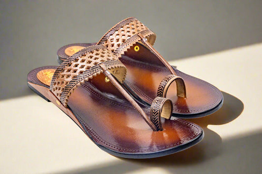 Handwoven Pattern Pure Leather Kolhapuri Flats – Classic Brown