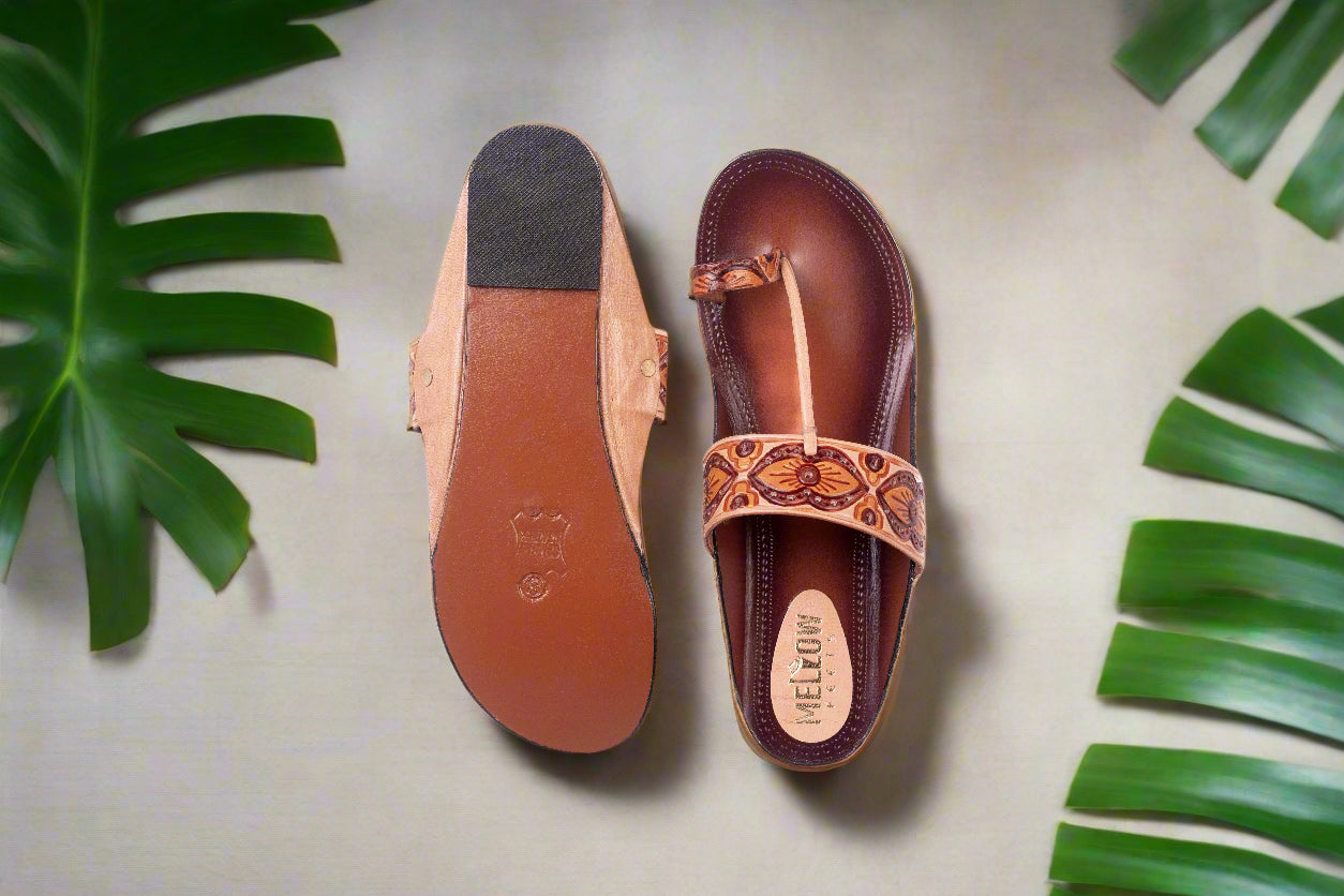 Pair of sandals with a brand logo on a white background