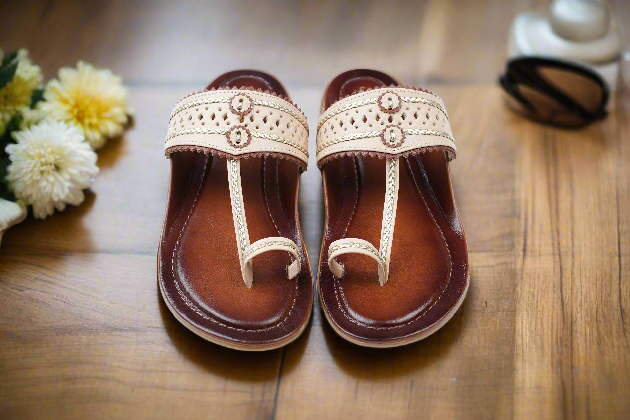 Elegant beige and brown slip-on sandals by Mellow Feets