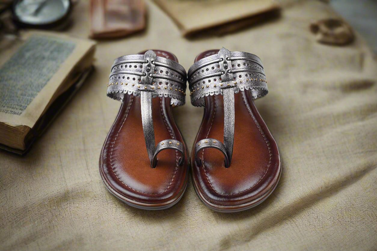 Metallic grey Indian flats with stud detailing