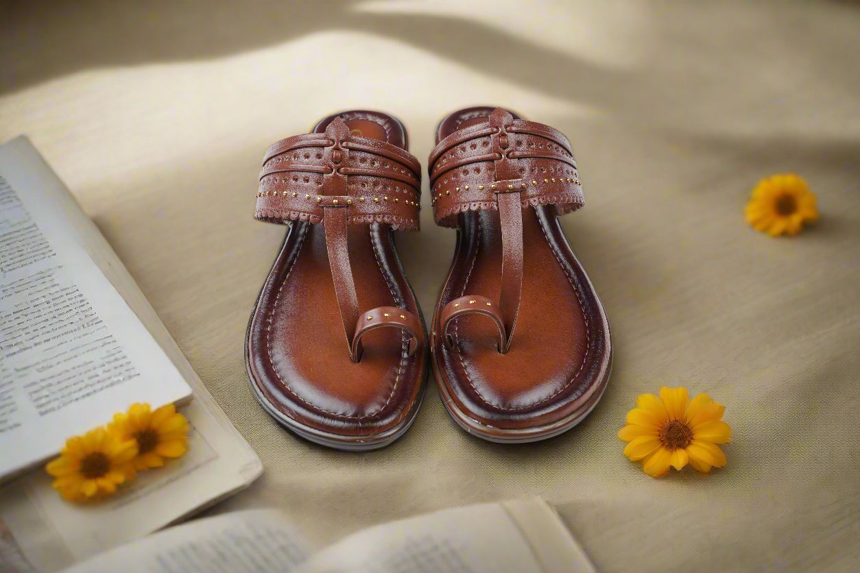 Rustic brown flat chappals with artisan stud design – Mellow Feets