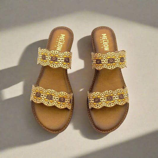Handcrafted tan leather flats with dual scalloped embroidered straps featuring floral and geometric motifs in brown and mustard, by Mellow Feets