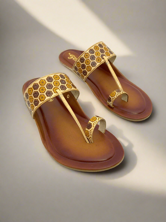 Traditional brown Kolhapuri flat sandals with yellow and brown floral hand-block print – Mellow Feets