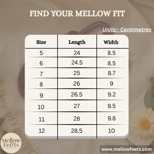 Measurement chart for shoe sizes with 'Mellow Feet' branding