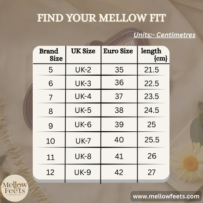 Size chart for shoes with UK, Euro, and length measurements on a beige background.