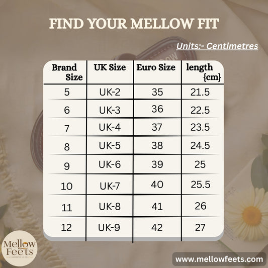 Size chart for shoes with UK, Euro, and length measurements on a beige background.