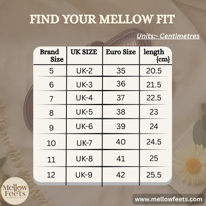 Size chart for shoes with brand name 'Mellow Feet' on a textured background