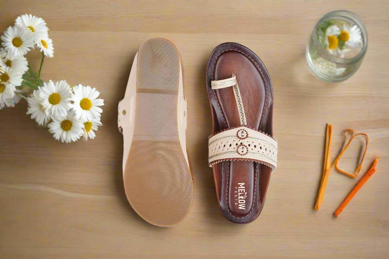 Traditional leather chappals with beige upper and braided toe loop