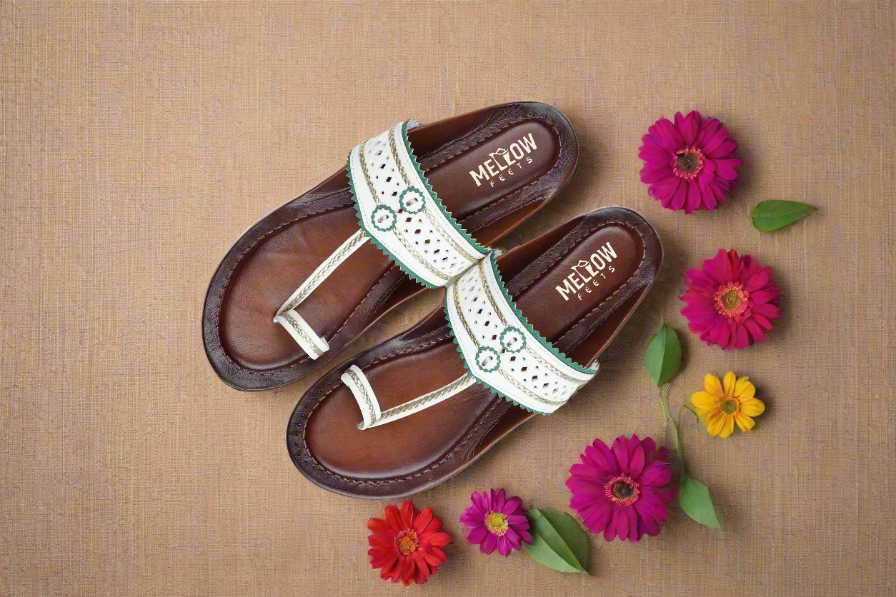 White and brown handcrafted leather Kolhapuri chappals – top view