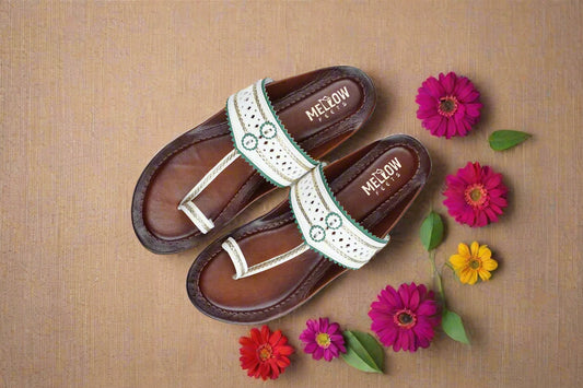 White and brown handcrafted leather Kolhapuri chappals – top view