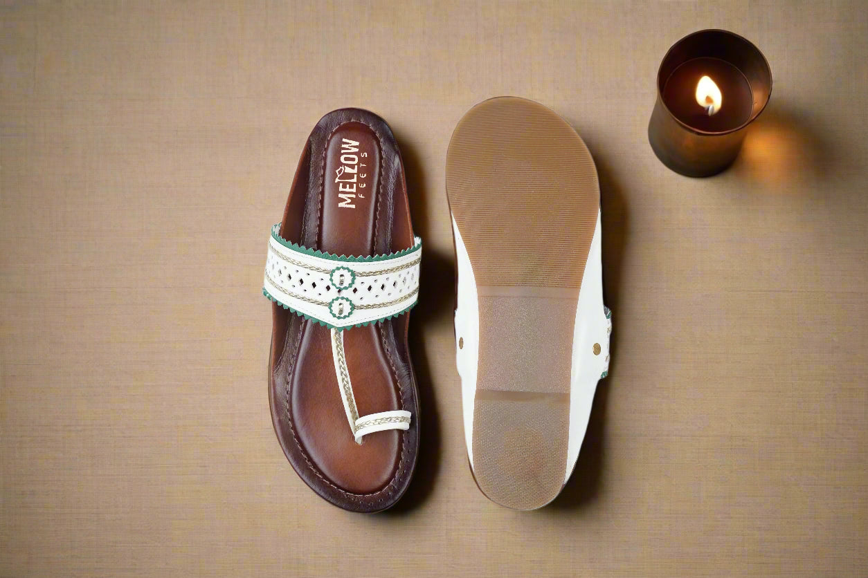 Ethnic Kolhapuri flats with white strap and green detailing
