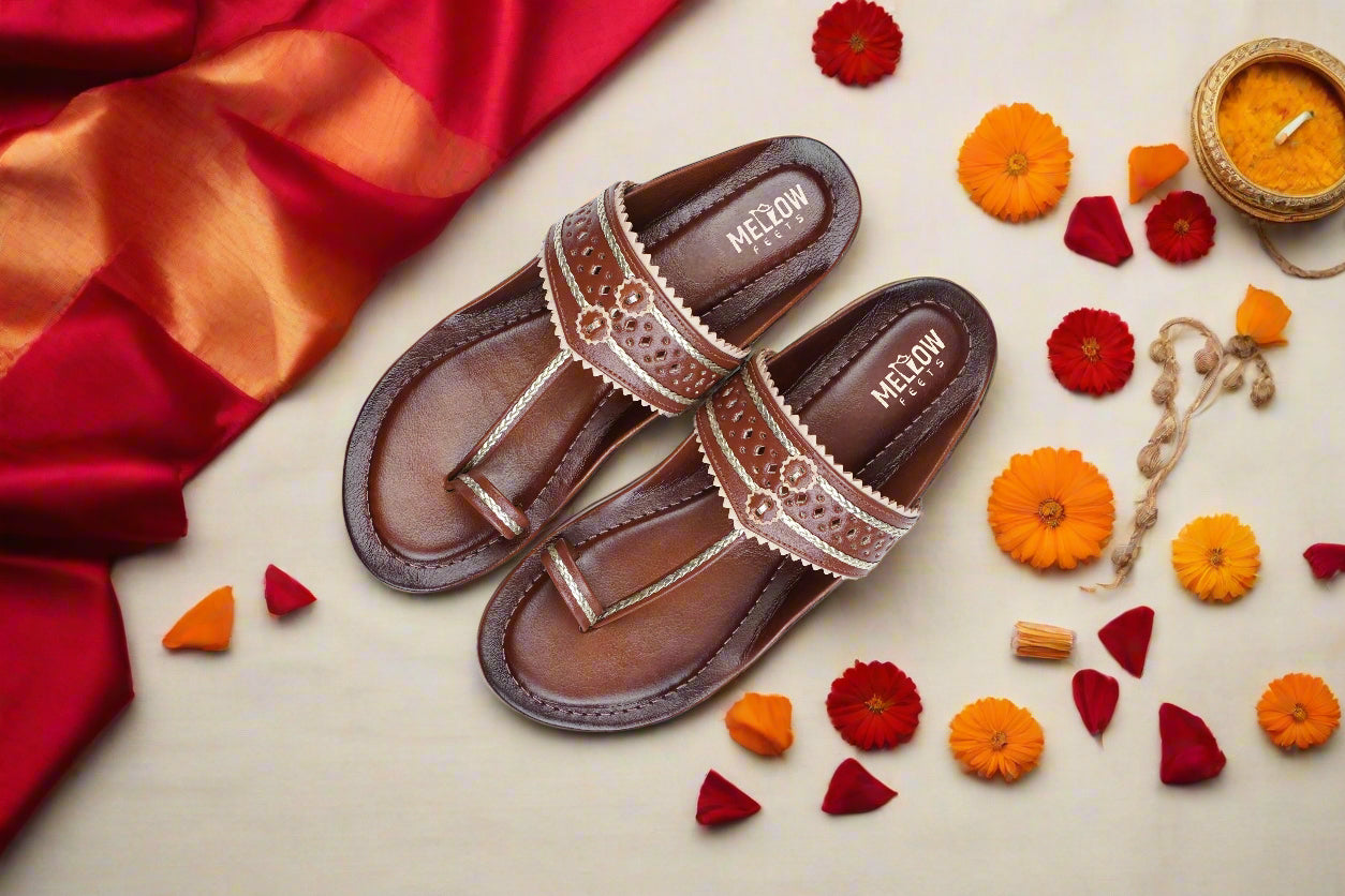 Classic brown Kolhapuri leather sandals with intricate braided detail