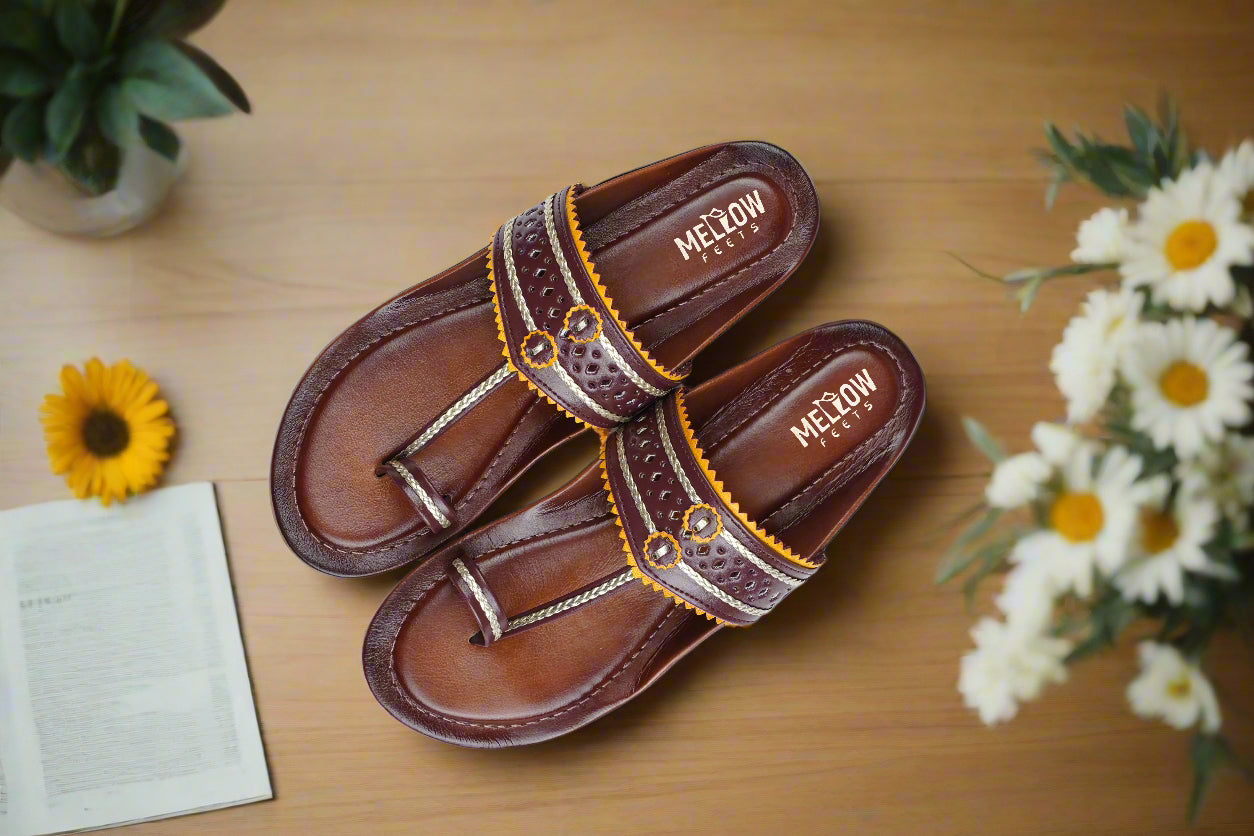 Pair of brown Indian leather sandals from Mellow Feets top view