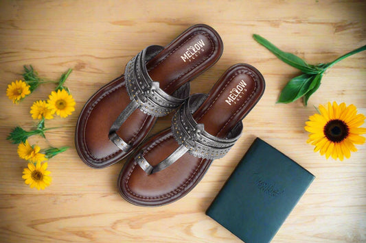 Gunmetal grey Kolhapuri sandals with golden studs and brown sole