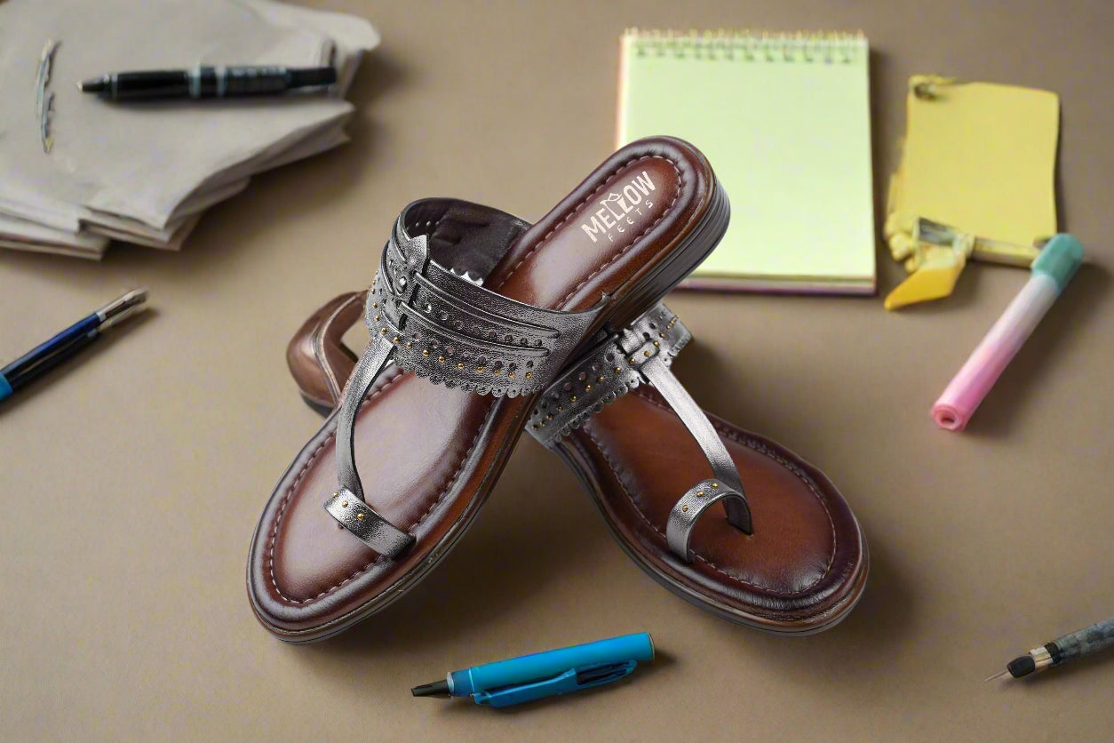 Contemporary Kolhapuri sandals in grey with traditional handwork