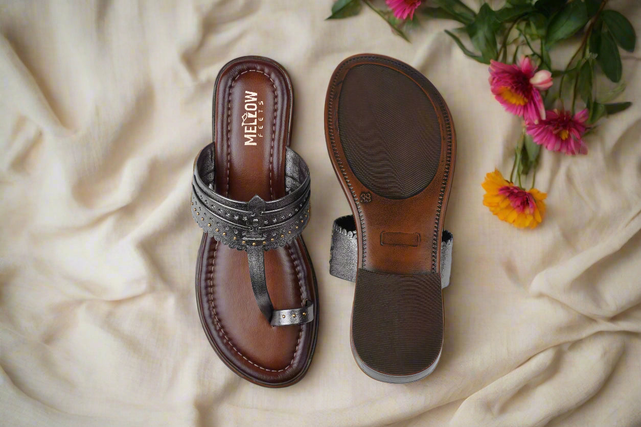 Modern ethnic sandals for women – Mellow Feets handcrafted grey chappals