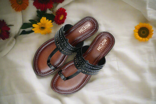 Black Kolhapuri sandals with brown sole and gold studs – top view