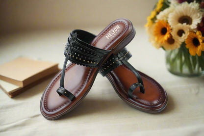 Comfortable black flat sandals by Mellow Feets