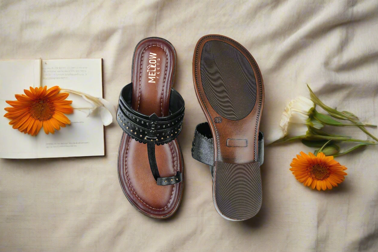 Studded black leather chappals for women – handcrafted