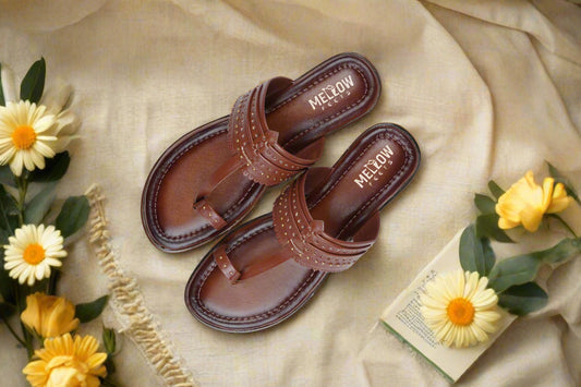 Brown leather Kolhapuri chappals with gold studs – top view