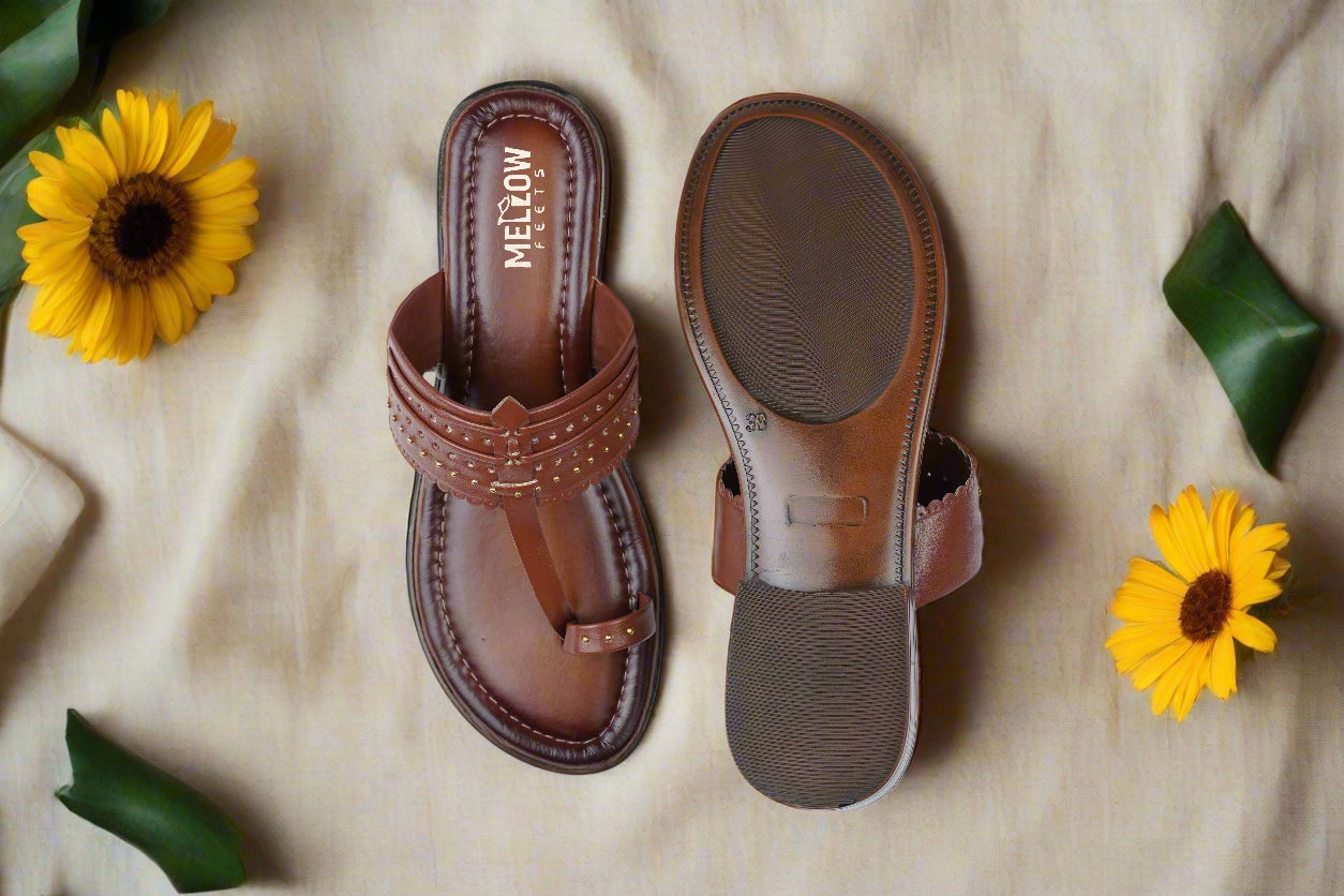 Handmade Indian footwear in deep brown with golden detailing