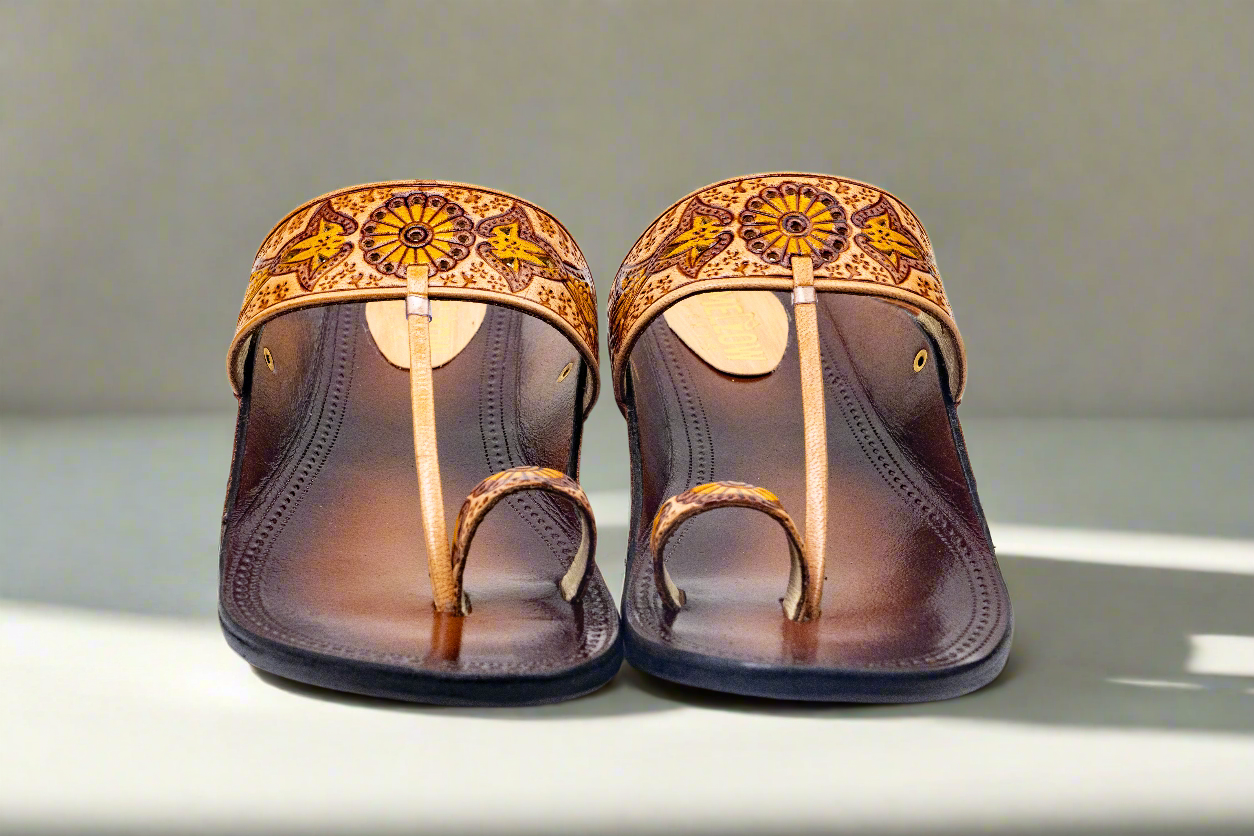 Handcrafted Traditional Kolhapuri Sandals – Floral Tan-Brown Design