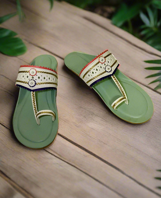 Mint Green Kolhapuri Sandals with Multicolor Embroidery